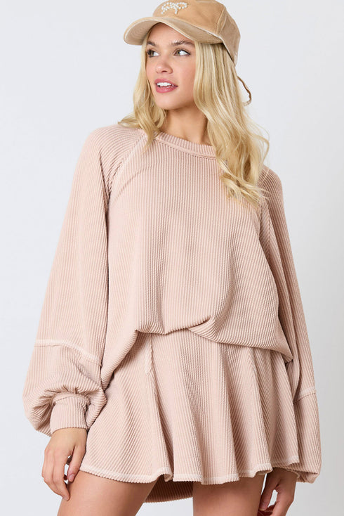 Corded Lantern Sleeve Top Ruffled Mini Skirt Two Piece Dress